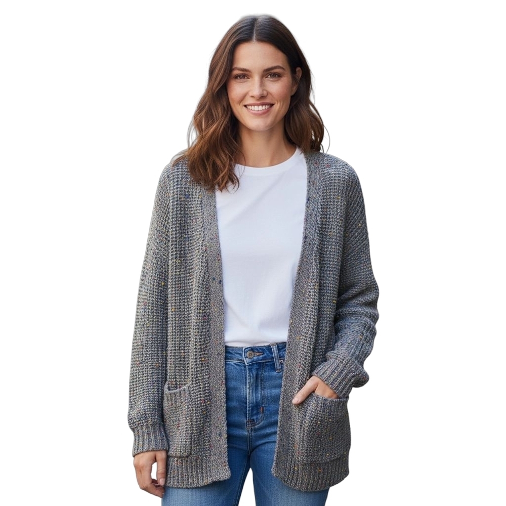 POL Gray Chenille Cardigan With Multi Color Speckles